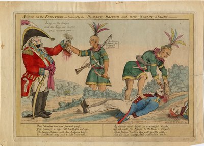 Jelenet a határokon, ahogyan az emberséges britek és méltó szövetségeseik gyakorolják, 1813 körül (kézzel színezett rézkarc) alkotó: American School