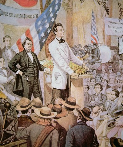 Abraham Lincoln (1809-65) nyilvános vitában Stephen A. Douglasszal (1813-61) Illinoisban alkotó: American School