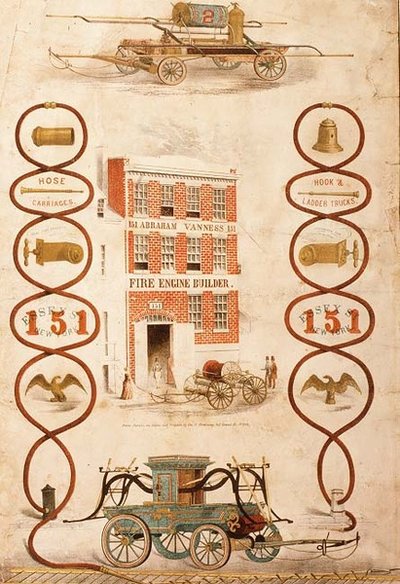 Abraham Vanness, tűzoltóautó-építő és tűzoltófelszerelések gyártójának hirdetése, kiadó: Geo. G. Gratacap, New York, 1850 körül (litó) alkotó: American School
