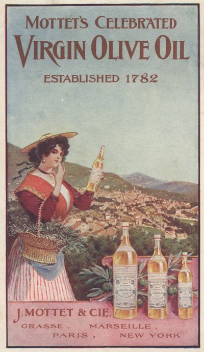 A Mottets Celebrated Virgin Olive Oil hirdetése, 1900 körül alkotó: American School