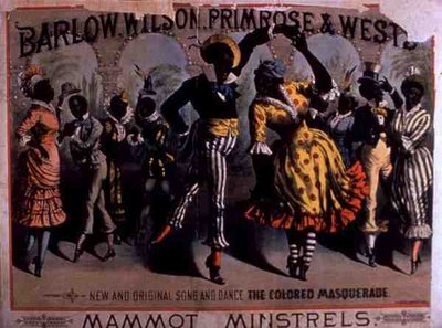 A „The Colored Masquerade” reklámja, a Mammot Minstrels éneke és tánca, Barlow, Wilson, Primrose és West (színes litó) alkotó: American School