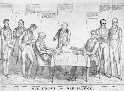 All Fours or Old Sludge, politikai karikatúra, amely Martin Van Buren elnököt (1782-1862) ábrázolja, amint William Henry Harrison (1773-1841) ellen kártyázik más államférfiak és politikusok között, 1836 (litho) alkotó: American School