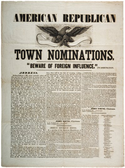Amerikai republikánus városok jelölései: Óvakodj a külföldi befolyástól, 1845 körül alkotó: American School