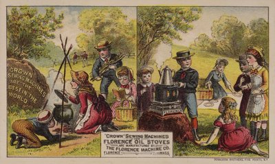 A Florence Machine Company, Massachusetts, 1880-as évekbeli varrógépek és olajkályhák által gyártott amerikai kereskedelmi kártyák alkotó: American School