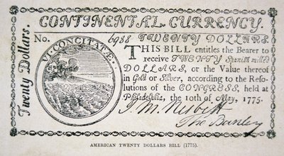 1775-ös amerikai húszdolláros bankjegy (litho) alkotó: American School
