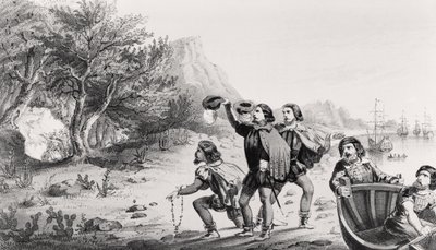 Amerigo Vespucci az Újvilágban landol, az „Americus Vespucius élete és utazásai” című könyvéből, Horace Mansfield, New Haven, Connecticut, 1853 alkotó: American School