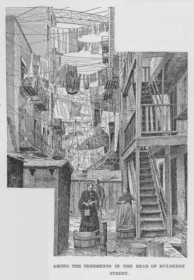 A bérházak között a Mulberry Street hátsó részében (litho) alkotó: American School
