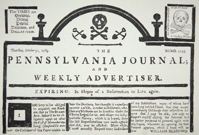 Amerikai válasz a brit kiszabott bélyegtörvényre, pub. a The Pennsylvania Journal and Weekly Advertiserben 1765. október 31-én (újságpapír) alkotó: American School