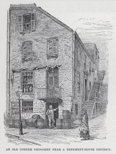 Old Corner Groggery egy bérháznegyed közelében (litho) alkotó: American School