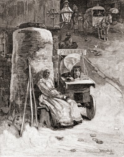 Osztrigaárus a szekerével a washingtoni haditengerészeti kikötő közelében, Washington D.C., a 19. században, a "The Century Illustrated Monthly Magazine" című, 1884-ben megjelent kiadványból (metszet). alkotó: American School