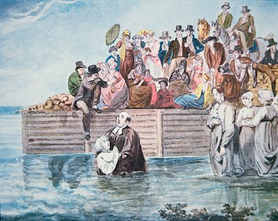 A philadelphiai anabaptisták egy folyóban való teljes alámerítésnek tanúi (színes litho) alkotó: American School