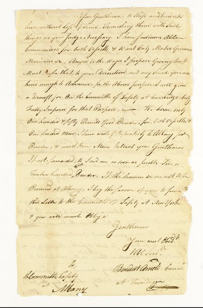 Arnold Benedict (1741-1801) tábornok, a kontinentális hadsereg, áruló. Aláírt autográf levél ("Benedict Arnold Commr. at Ticonderoga") az albanyi Biztonsági Bizottságnak, Ticonderoga, 1775. május 22. (toll és tinta papíron) alkotó: American School