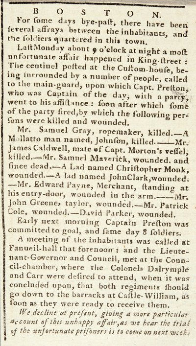 A Boston Chronicle cikke, amely részletezi az 1770. március 5-i bostoni mészárlás eseményeit (újságpapír) alkotó: American School