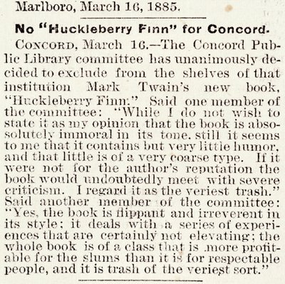 Cikk a Boston Daily Globe-ban Huckleberry Finn Concordban (Massachusetts) 1885. március 16-tól való kitiltásáról (újságpapír) alkotó: American School