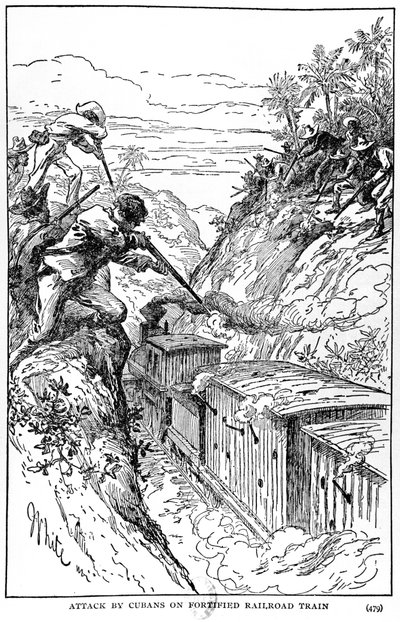 Kubaiak támadása egy megerősített vasúton, illusztrációja Murat Halstead Kuba történetéből, 1898-ban alkotó: American School