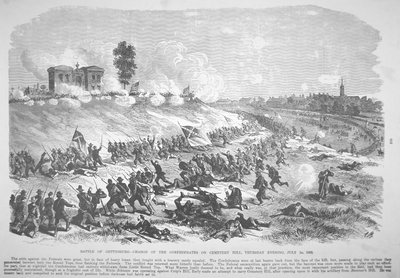 Gettysburgi csata – A Konföderációk vádja a Cemetery Hillen, július 2., csütörtök este alkotó: American School