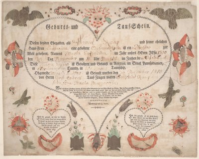 Maria Catharina Raup születési és keresztelési anyakönyvi kivonata (Geburts und Taufschein) 1806 körül (toll és tinta akvarellel papíron) alkotó: American School