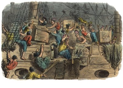 Boston Tea Party, 1860-as évek (kézzel színezett metszet) alkotó: American School