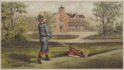 Fiú füvet kaszál a vidéki ház előtt (chromolitho) alkotó: American School