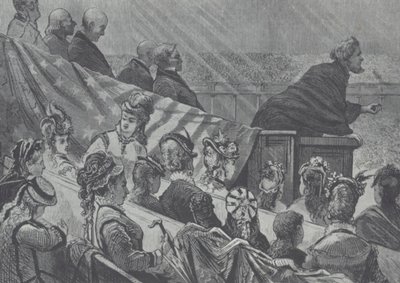 Brigham Youngot sok fiatal felesége figyelte, miközben a utahi Nagy Mormon Tabernákulumban prédikált alkotó: American School