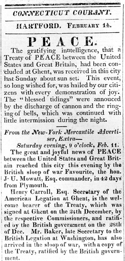 A Broadside az 1812-es háború után békét hirdet az Egyesült Államok és Nagy-Britannia között, kinyomtatva a Connecticut Courantban, 1815 (nyomtatás) alkotó: American School
