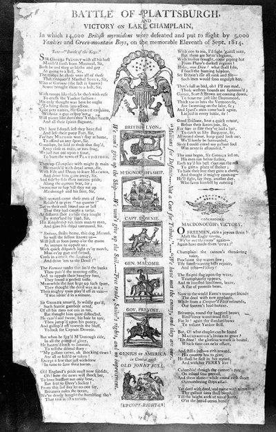 Broadside az 1812-es háborúból, a plattsburghi csatával és a Champlain-tó győzelmével (nyomtatás) alkotó: American School