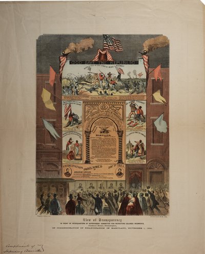 Széleskörű vélemény az afroamerikaiak toborzásával és az emancipáció ünneplésével kapcsolatban Marylandben, Ringwalt & Brownban (fl. 1863-1865), 1864. november 1. körül (lásd még GLC 696015, 696016 és 696017) alkotó: American School