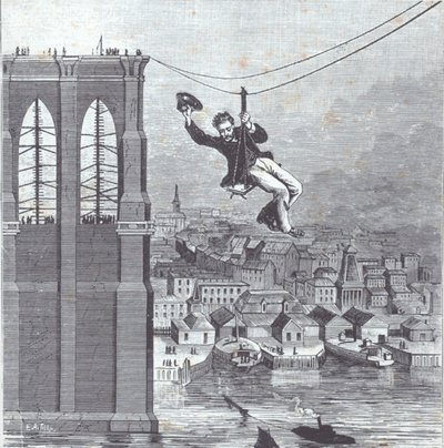 Brooklyn híd épül; Farrington úr, az építési főfelügyelő 1876. augusztus 25-én először lépi át a két oszlop közötti távolságot (metszet) alkotó: American School