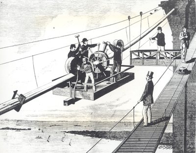 1876-ban épülő Brooklyn híd, a függesztőkábelek fonása (gravírozás) alkotó: American School