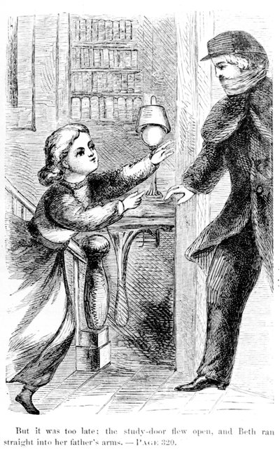 De már késő volt: a tanulmányi sorsolás kinyílt, és Beth egyenesen az apja karjába rohant, 1868 alkotó: American School