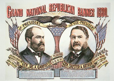 Kampányplakát James A. Garfield elnökjelöltnek (1831-81) és jelöltnek, Chester A. Arthurnak (1829-86) 1880 (színes litó) alkotó: American School