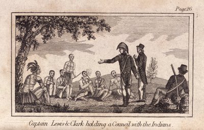 Lewis és Clarke kapitány tanácsot tart az indiánokkal, kocsma. 1812 (metszet) alkotó: American School