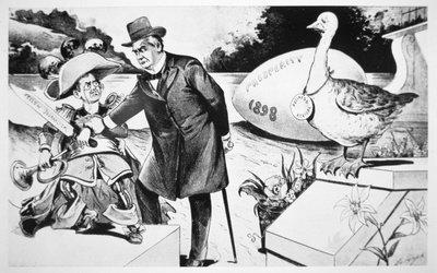 Mckinley elnököt ábrázoló karikatúra, amely megpróbálja elhallgattatni a „sárga sajtót” a Spanyolország elleni nyilvános háborús láz korbácsolásában alkotó: American School
