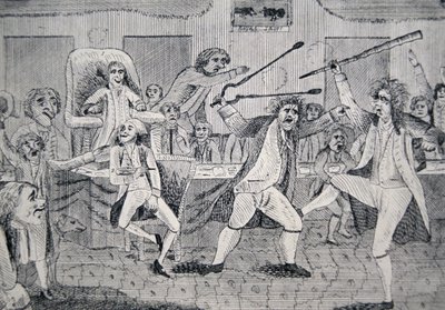 Karikatúra, amely a „republikánus Matthew Lyon és a föderalista Roger Griswold harcát a kongresszus padlóján” ábrázolja. alkotó: American School