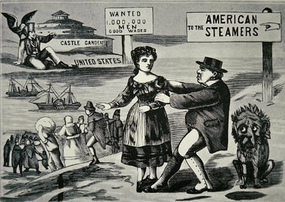Rajzfilm, amelyen John Bull próbálja megállítani az Egyesült Államokba irányuló növekvő munkaerő-áramlást, 1850 körül (metszet) alkotó: American School