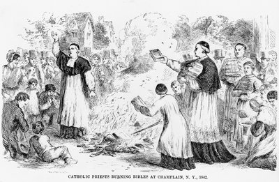 Katolikus papok Bibliát égetnek a New York állambeli Champlainben, illusztráció egy katolikusellenes füzetből, 1842 alkotó: American School