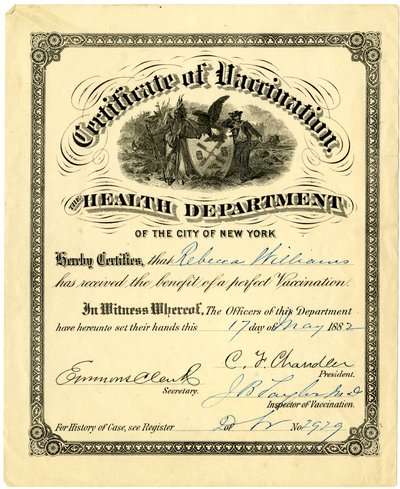Certificate of Vaccination, the Health Department of the City of New York..., 1882 (metszet [tanúsítvány] tintával kitöltve) alkotó: American School