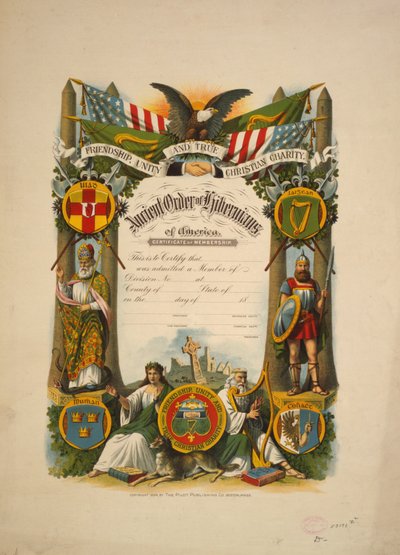 Tanúsítvány az Ancient Order of American Hibernians of America tagságáról, 1894 körül (színes litográfia) alkotó: American School