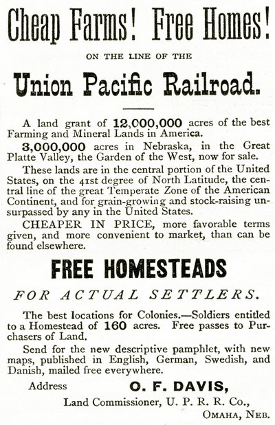 Olcsó farmok és ingyenes otthonok az Union Pacific Railroad vonalán, hirdetés az Appletons Journalból, 1872. május 4. alkotó: American School