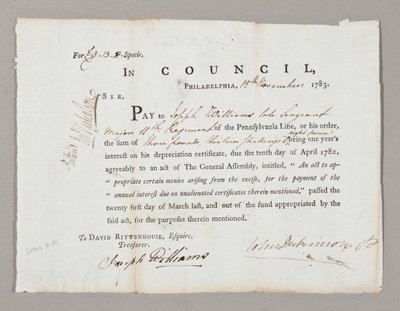 Három font és tizenhárom shilling csekkje Joseph Williamsnek, 1783. november 13. alkotó: American School