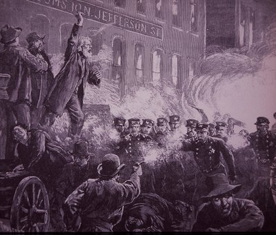 Chicago Haymarket Labor Riot 1886, metszet megjelent a Harper