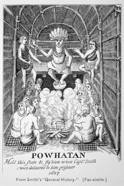 Powhatan főnök, ahogy 1607-ben szerepelt Smith „Generall Historie of Virginia, New England & the Summer Isles” című művéből. alkotó: American School