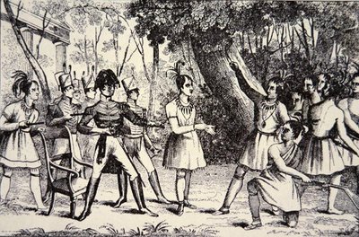 Tecumseh főnök (1768-1813) dacol Harrison tábornokkal (1773-1841) (metszet) alkotó: American School