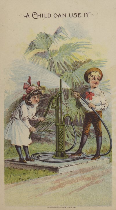 Vízpumpával játszó gyerekek (chromolitho) alkotó: American School