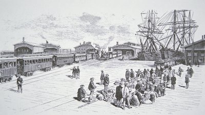 San Franciscóba érkező kínai bevándorlók vagy „Cooliek” a transzkontinentális vasúton dolgoznak az 1860-as években (litho) alkotó: American School