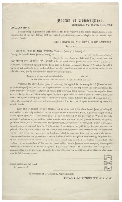 számú körlevél 12, üres kérelem a Konföderációs Hadsereg szolgálata alóli felmentésre, 1864. március 24. alkotó: American School