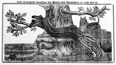 Davy Crockett ezredes a fejét és a vállát áztatja a Salt Riverben, a Crocketts Almanachból, 1837 (újságpapír) alkotó: American School