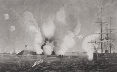 Harc a Konföderációs CSS Virginia (balra) és az Union USS Monitor (középen) között 1862. március 9-én a virginiai Hampton Roads-ban (a részletekért lásd: 254609) alkotó: American School