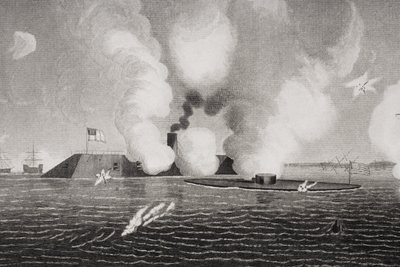 Harc a Konföderációs CSS Virginia (balra) és az Union USS Monitor (jobbra) között 1862. március 9-én a virginiai Hampton Roads-ban (254608 részlet) alkotó: American School