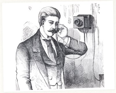 Kondenzátoros telefon használatban, a The Electric Telephone-ból, George Bartlett Prescott (sz. 1830), 1890 alkotó: American School